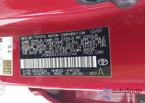 2008 Toyota Prius z USA, uszkodzony, nr VIN JTDKB20U183353164